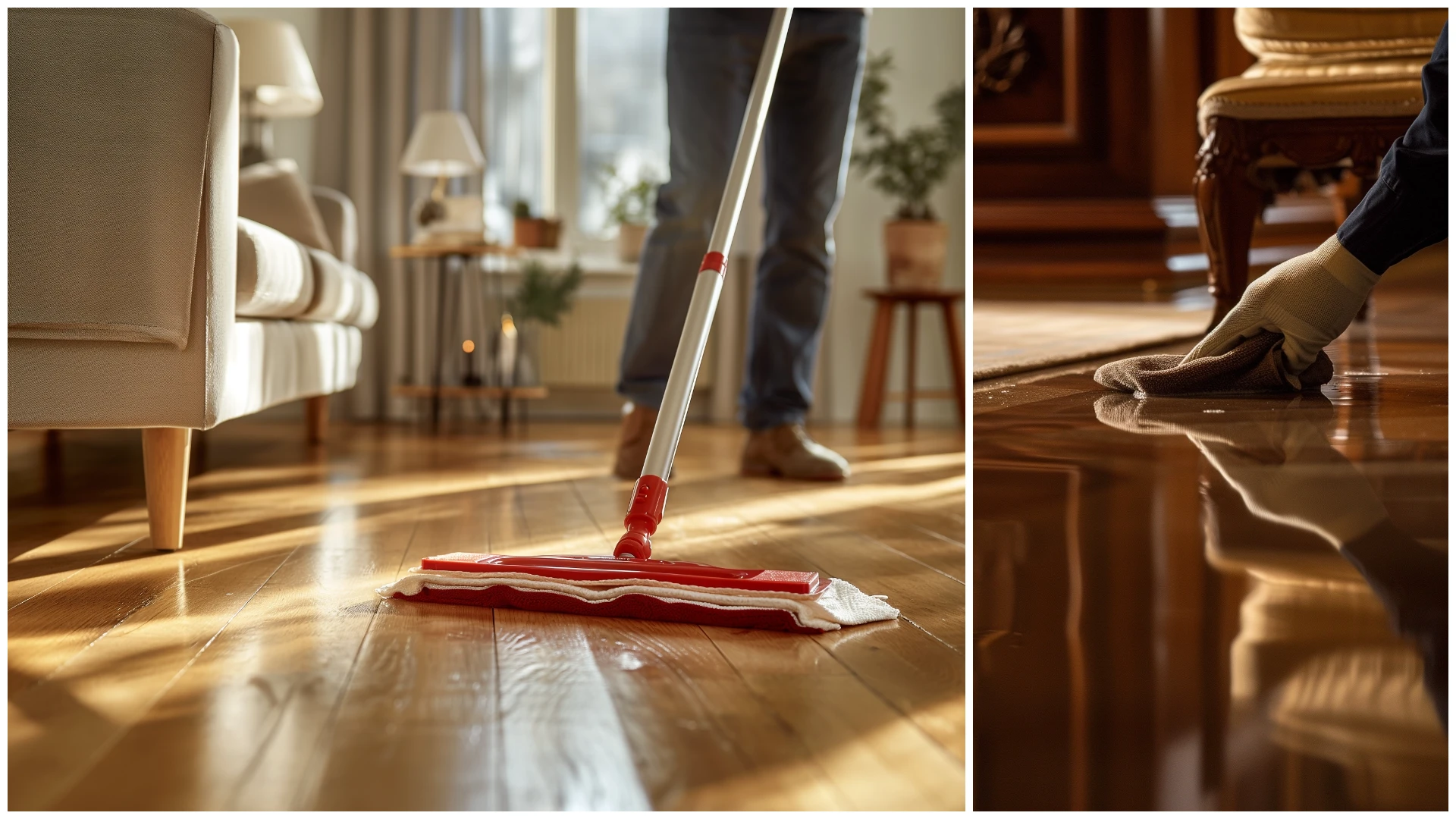 nettoyage d'un parquet en bois massif à l'aide d'une chifonnette